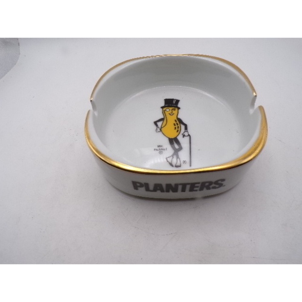 Vintage Planters Mr Peanut Ceramic Ashtray Gold Trim White Advertising 4 Inch